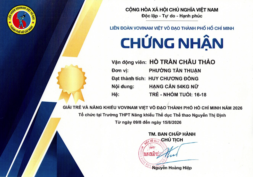Certificate confirming Châu Thảo's bronze medal at the 2026 Ho Chi Minh City Vovinam championship